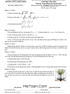 Đề Thi Thử Toán Vào Lớp 10 Năm 2023 - 2024 Trường THCS Trọng Điểm - Quảng Ninh