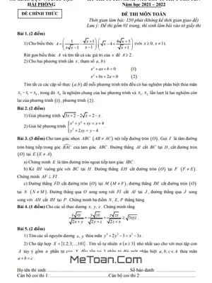 Đề tuyển sinh lớp 10 chuyên Toán Hải Phòng năm 2021 - 2022