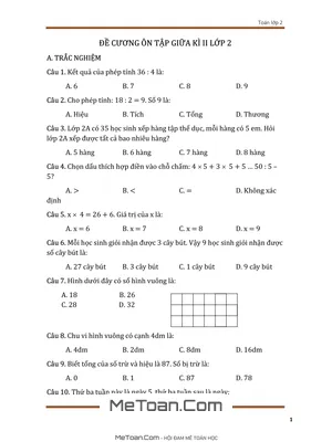 Đề Cương Ôn Tập Giữa Học Kỳ 2 Môn Toán Lớp 2