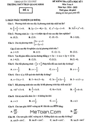 Đề giữa kì 1 Toán 9 năm 2024 - 2025 trường THCS Trần Quang Khải - TP HCM