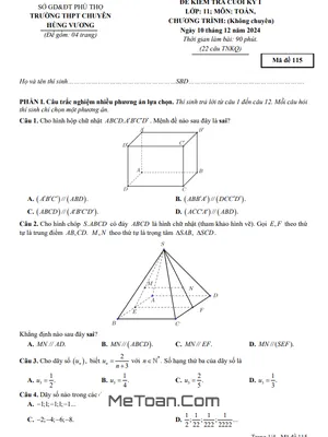 Đề thi học kỳ 1 Toán 11 năm 2024 - 2025 trường THPT Chuyên Hùng Vương - Phú Thọ