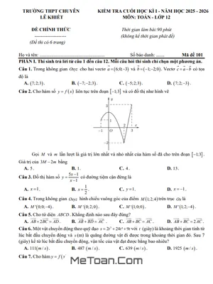 Đề Thi Cuối Học Kỳ 1 Toán 12 Năm 2025 – 2026 Trường Chuyên Lê Khiết – Quảng Ngãi
