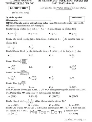 Đề thi cuối học kì 1 Toán 11 năm 2025 – 2026 trường THPT Lê Quý Đôn – Ninh Bình