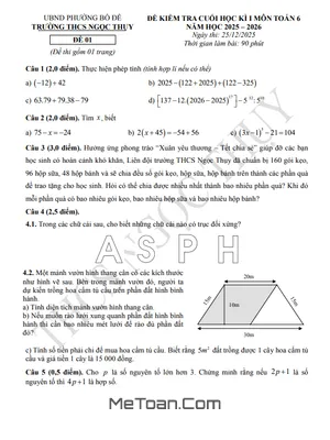 Đề Thi Cuối Học Kỳ 1 Toán Lớp 6 Năm 2025-2026 THCS Ngọc Thụy, Hà Nội