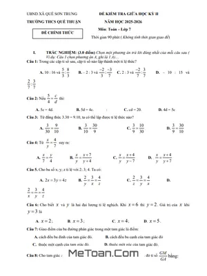 Đề Kiểm Tra Giữa Học Kỳ 2 Toán 7 Năm 2025-2026 Trường THCS Quế Thuận, Đà Nẵng