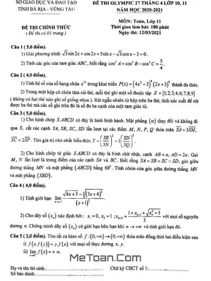 Đề thi Olympic 27/4 môn Toán lớp 11 năm 2020-2021 sở GD&ĐT Bà Rịa - Vũng Tàu
