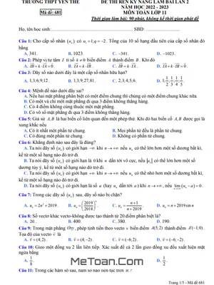 Đề rèn luyện kỹ năng làm bài Toán 11 lần 2 năm 2022 - 2023 THPT Yên Thế - Bắc Giang