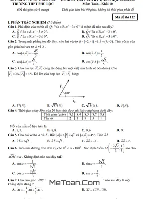 Đề Thi Học Kỳ 1 Toán 10 Năm 2023 - 2024 Trường THPT Phú Lộc - TT Huế