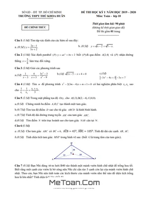 Đề thi HK1 Toán 10 năm 2019 - 2020 trường THPT Thủ Khoa Huân - TP HCM