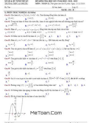 Đề thi học kỳ 1 Toán 12 năm 2018 - 2019 trường THPT An Phước - Ninh Thuận