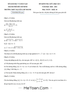 Đề thi giữa kì 2 Toán 10 năm 2020 - 2021 trường THPT Nguyễn Chí Thanh - TP HCM