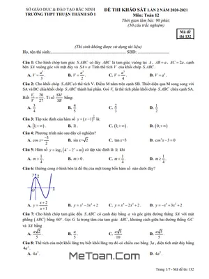 Đề khảo sát Toán 12 lần 2 năm 2020 – 2021 trường Thuận Thành 1 – Bắc Ninh