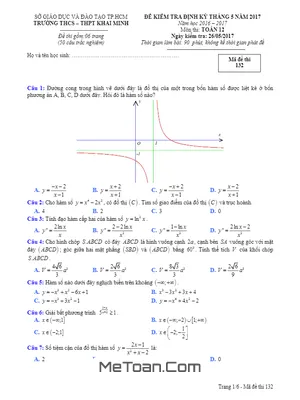 Đề kiểm tra định kỳ Toán 12 tháng 5/2017 trường THCS - THPT Khai Minh - TP. HCM