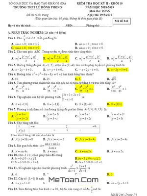 Đề thi HK2 Toán 10 năm 2018 - 2019 trường Lê Hồng Phong - Khánh Hòa