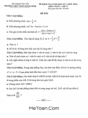 Đề thi học kỳ 1 môn Toán lớp 11 năm 2020 - 2021 trường THPT Trần Đăng Ninh - Hà Nội