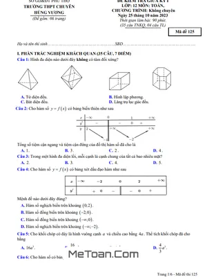 Đề Thi Giữa Kỳ 1 Toán 12 Năm 2023 - 2024 Trường Chuyên Hùng Vương - Phú Thọ