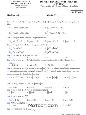 Đề thi cuối kỳ 2 Toán 12 năm 2022 - 2023 trường THPT Đức Hòa - Long An