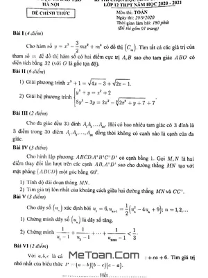 Đề thi chọn học sinh giỏi Toán 12 THPT năm 2020 - 2021 sở GD&ĐT Hà Nội