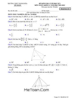 Đề Thi Cuối Kì 2 Môn Toán Lớp 11 Năm 2022 - 2023 Trường THPT Thanh Hòa - Bình Phước (Có Lời Giải)
