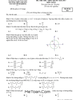 Đề Thi Thử THPT Quốc Gia Môn Toán Năm 2017 Trường Chuyên Nguyễn Bỉnh Khiêm - Quảng Nam Lần 1