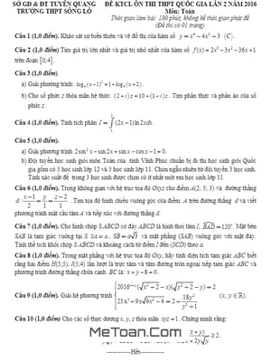 Đề thi thử Toán Quốc gia 2016 lần 2 trường THPT Sông Lô - Tuyên Quang