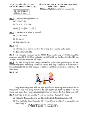Đề thi học kỳ 1 Toán lớp 6 năm 2019 - 2020 phòng GD&ĐT Quận 11 - TP HCM