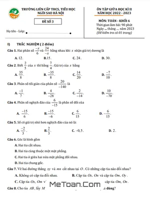Đề Ôn Tập Giữa Kì 2 Toán 6 Năm 2022 - 2023 Trường TH & THCS Ngôi Sao Hà Nội
