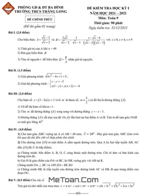 Đề thi học kỳ 1 Toán lớp 9 năm 2021 - 2022 trường THCS Thăng Long - Hà Nội