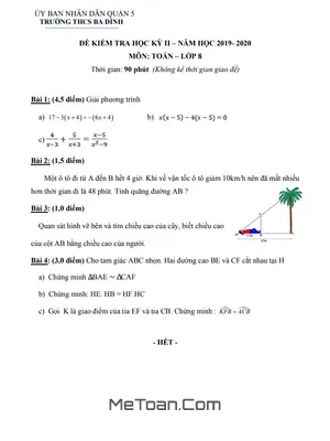 Đề thi HK2 Toán lớp 8 năm 2019 - 2020 trường THCS Ba Đình - TP HCM (có lời giải)