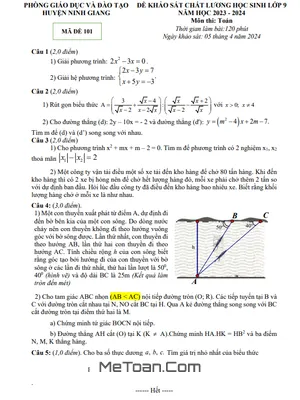 Đề khảo sát Toán 9 năm 2023 – 2024 phòng GD&ĐT Ninh Giang – Hải Dương