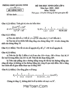 Đề thi học sinh giỏi Toán 6 năm 2022 - 2023 phòng GD&ĐT Quảng Ninh, Quảng Bình
