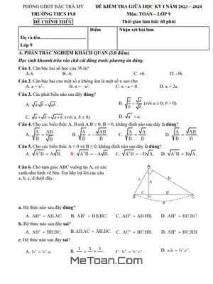Đề thi giữa kỳ 1 Toán 9 năm 2023 - 2024 trường THCS 19.8 - Quảng Nam