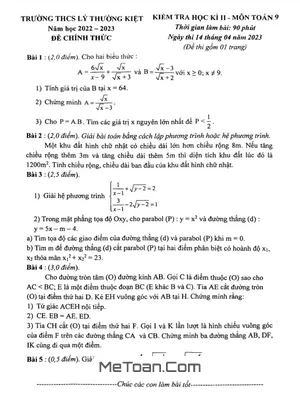 Đề thi học kì 2 Toán 9 năm 2022 - 2023 trường THCS Lý Thường Kiệt - Hà Nội
