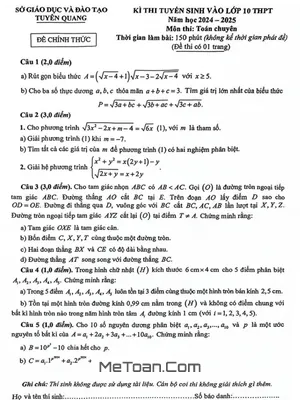 Đề thi tuyển sinh lớp 10 môn Toán (chuyên) năm 2024 - 2025 Sở GD&ĐT Tuyên Quang