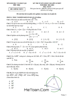 Đề thi tuyển sinh vào lớp 10 môn Toán năm 2021 - 2022 Sở GD&ĐT Phú Thọ