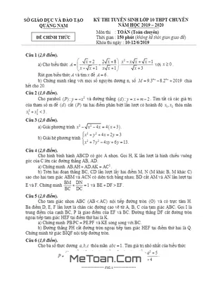 Đề thi Tuyển sinh Lớp 10 Chuyên Toán Quảng Nam Năm học 2019 - 2020