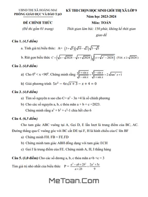 Đề thi học sinh giỏi Toán 9 năm 2023 - 2024 phòng GD&ĐT Hoàng Mai - Nghệ An