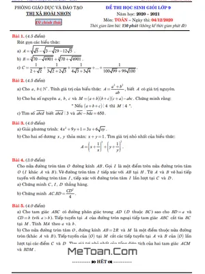 Đề thi học sinh giỏi Toán 9 năm 2020 - 2021 phòng GD&ĐT thị xã Hoài Nhơn - Bình Định