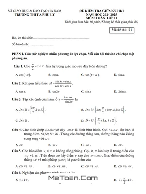 Đề thi giữa kì 1 Toán 11 năm 2024 - 2025 trường THPT A Phủ Lý - Hà Nam