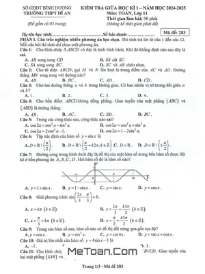 Đề giữa học kì 1 Toán 11 năm 2024 - 2025 trường THPT Dĩ An - Bình Dương