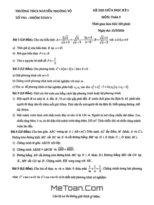 Đề giữa kỳ 2 Toán 9 năm 2025 – 2026 trường THCS Nguyễn Trường Tộ – Hà Nội