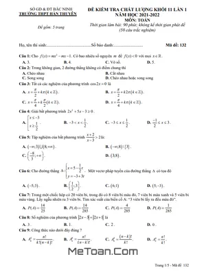 Đề kiểm tra chất lượng Toán 11 lần 1 năm 2021 – 2022 trường Hàn Thuyên – Bắc Ninh