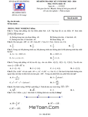 Đề thi học kỳ 1 Toán 10 năm 2023 - 2024 trường chuyên Trần Phú - Hải Phòng