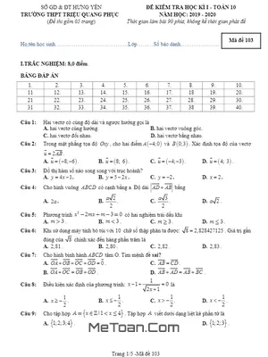 Đề thi HK1 Toán 10 năm 2019 - 2020 trường Triệu Quang Phục - Hưng Yên