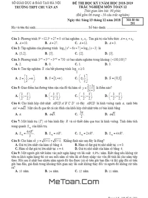 Đề thi học kỳ 1 Toán 12 năm 2018 - 2019 trường THPT Chu Văn An - Hà Nội
