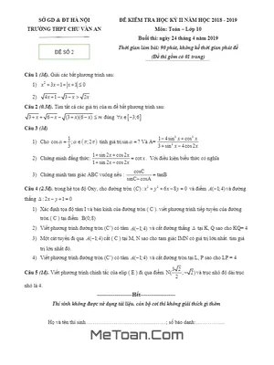 Đề thi học kì 2 Toán 10 năm 2018 - 2019 trường THPT Chu Văn An - Hà Nội