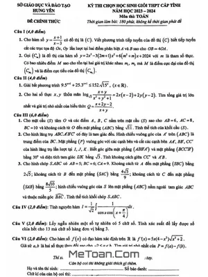 Đề thi HSG Toán THPT Cấp Tỉnh Hưng Yên Năm 2023 - 2024