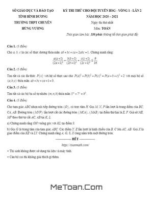 Đề thi thử HSG Toán vòng 1 lần 2 năm 2020 - 2021 trường chuyên Hùng Vương - Bình Dương