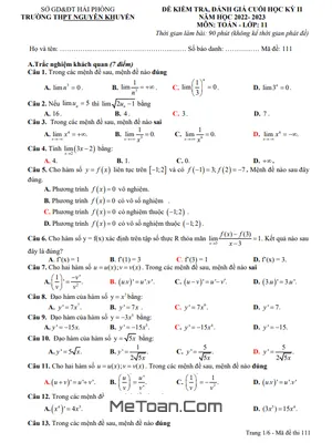 Đề thi học kỳ 2 môn Toán lớp 11 năm 2022 - 2023 trường THPT Nguyễn Khuyến - Hải Phòng