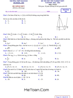 Đề Thi Thử Tốt Nghiệp THPT 2023 Môn Toán Trường THPT Hải Đảo - Quảng Ninh